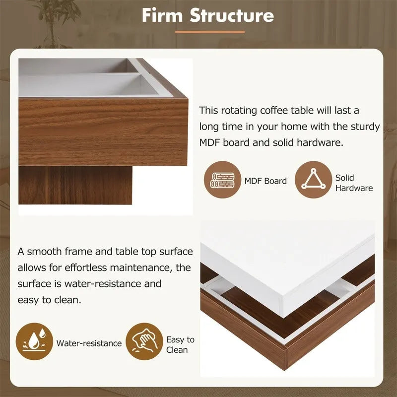 Table basse rotative 360° moderne avec 3 plateaux détachables, table basse à 2 niveaux avec rangement pour salon