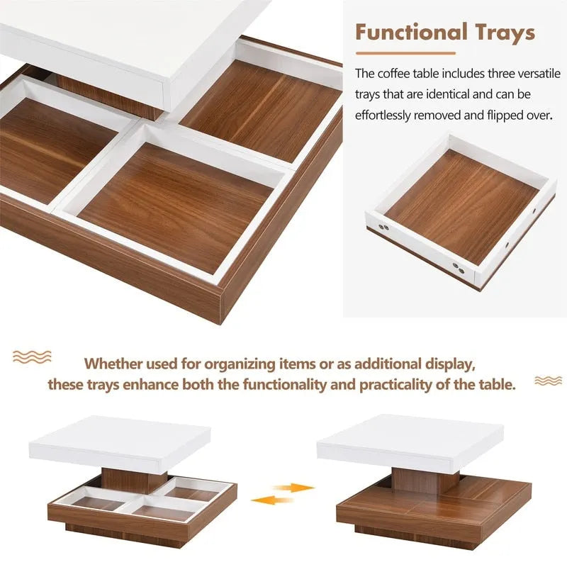 Table basse rotative 360° moderne avec 3 plateaux détachables, table basse à 2 niveaux avec rangement pour salon
