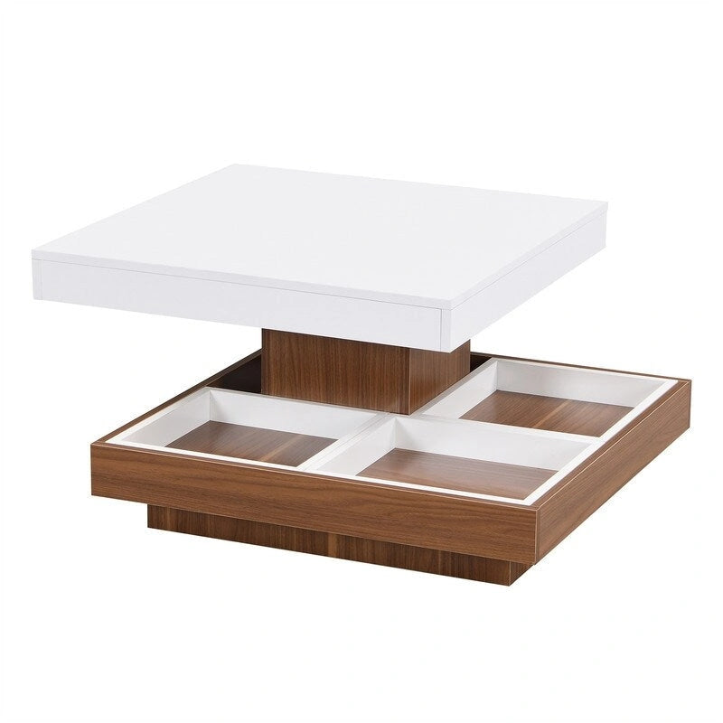 Table basse rotative 360° moderne avec 3 plateaux détachables, table basse à 2 niveaux avec rangement pour salon