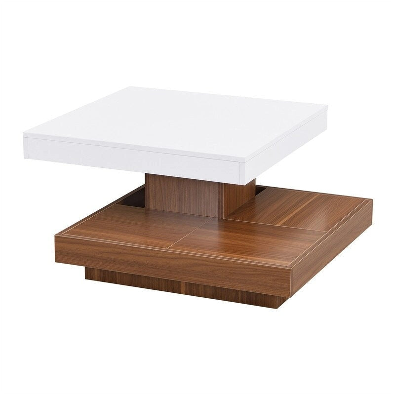 Table basse rotative 360° moderne avec 3 plateaux détachables, table basse à 2 niveaux avec rangement pour salon