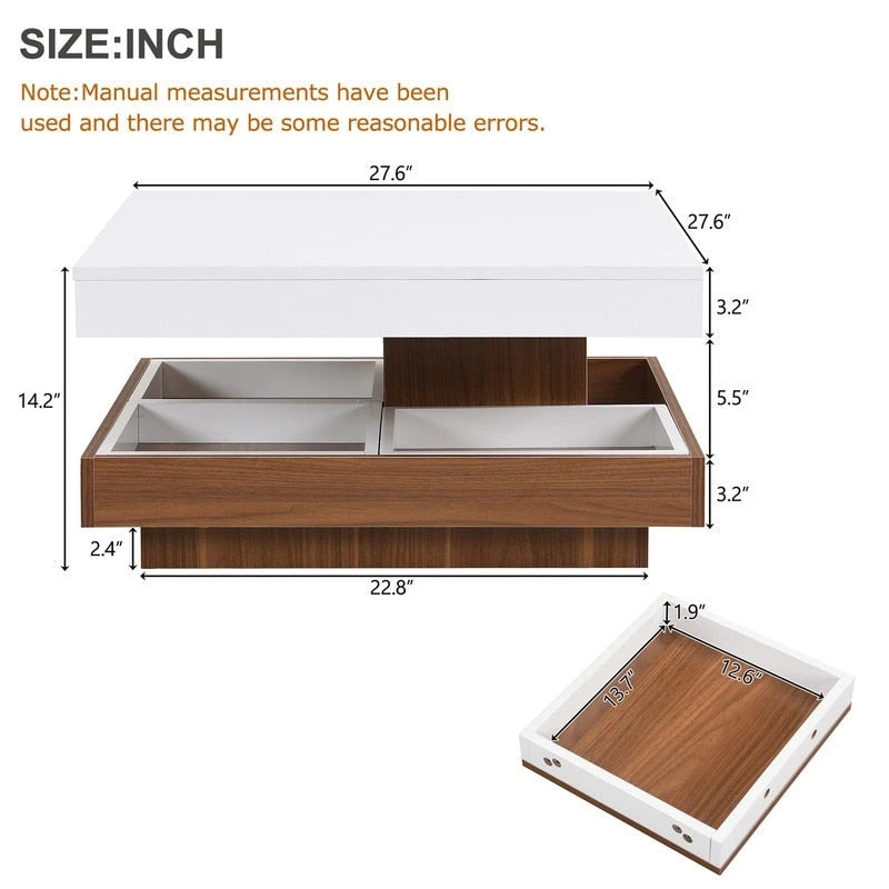 Table basse rotative 360° moderne avec 3 plateaux détachables, table basse à 2 niveaux avec rangement pour salon