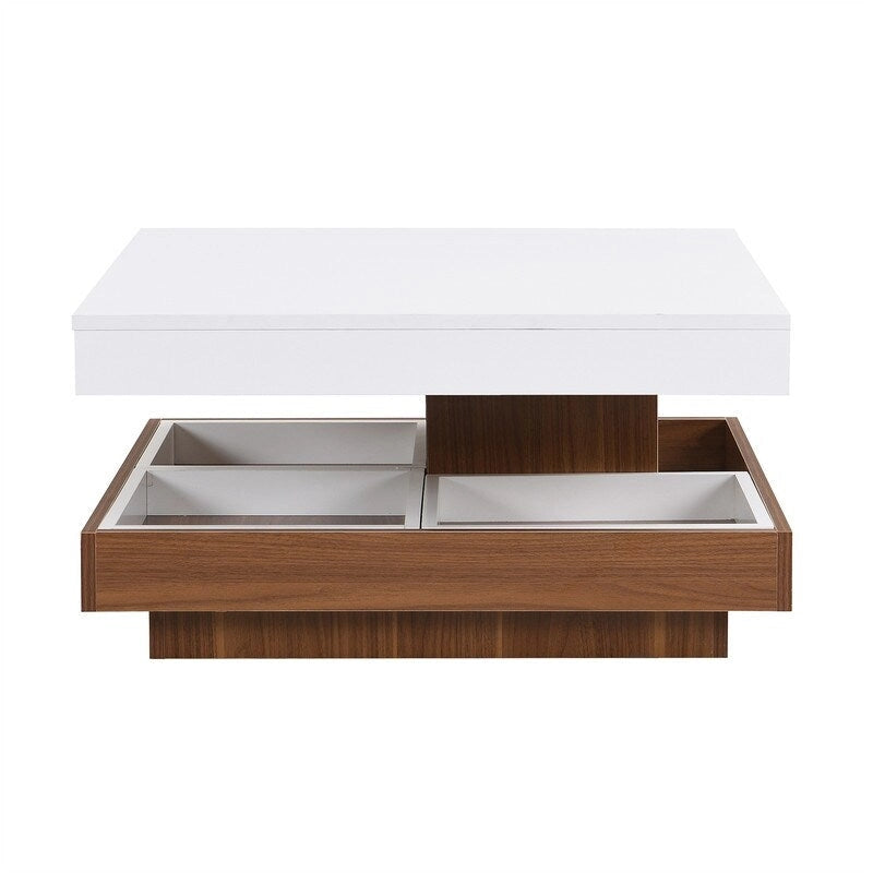 Table basse rotative 360° moderne avec 3 plateaux détachables, table basse à 2 niveaux avec rangement pour salon