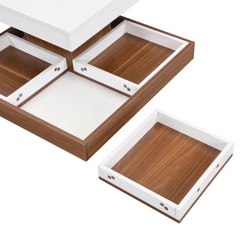 Table basse rotative 360° moderne avec 3 plateaux détachables, table basse à 2 niveaux avec rangement pour salon