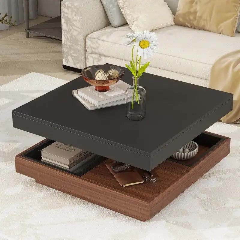 Table basse rotative 360° moderne avec 3 plateaux détachables, table basse à 2 niveaux avec rangement pour salon