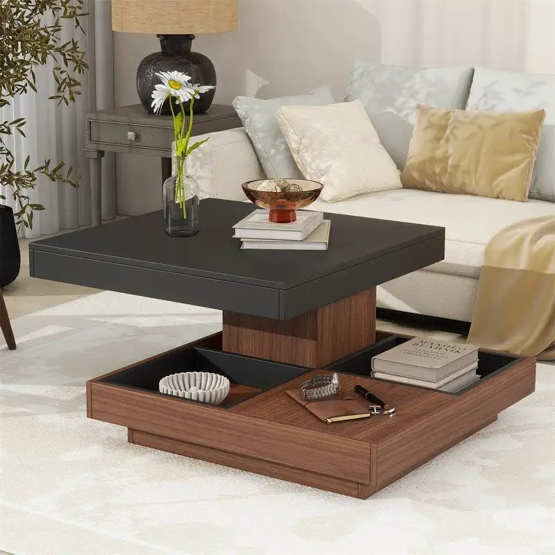 Table basse rotative 360° moderne avec 3 plateaux détachables, table basse à 2 niveaux avec rangement pour salon