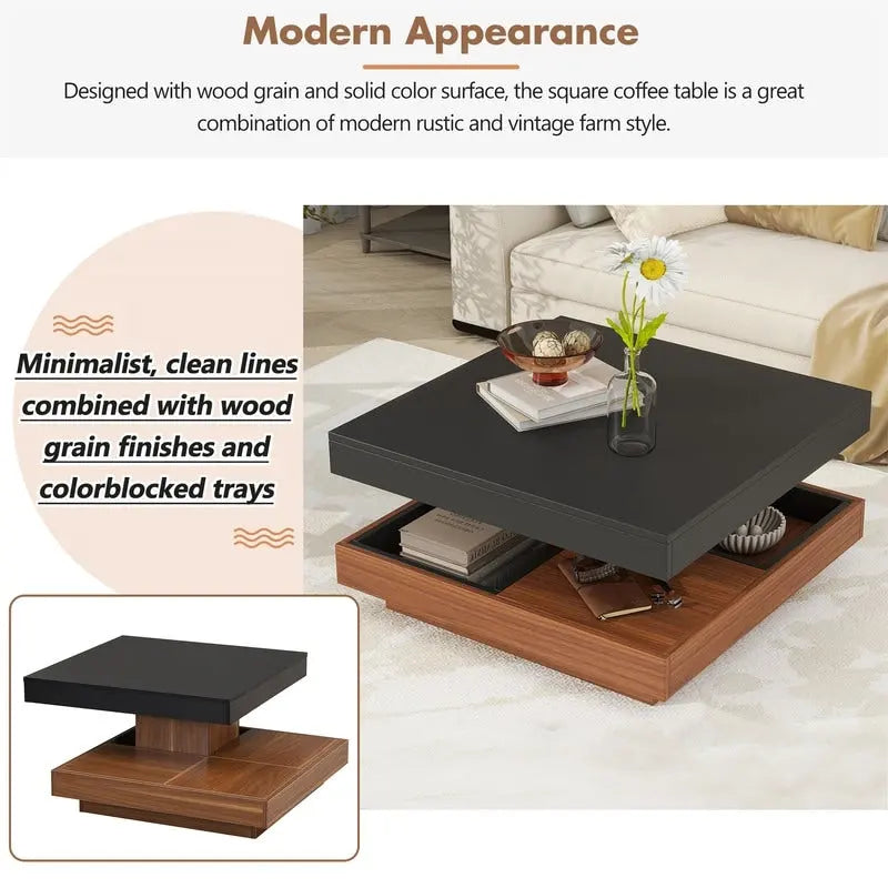 Table basse rotative 360° moderne avec 3 plateaux détachables, table basse à 2 niveaux avec rangement pour salon