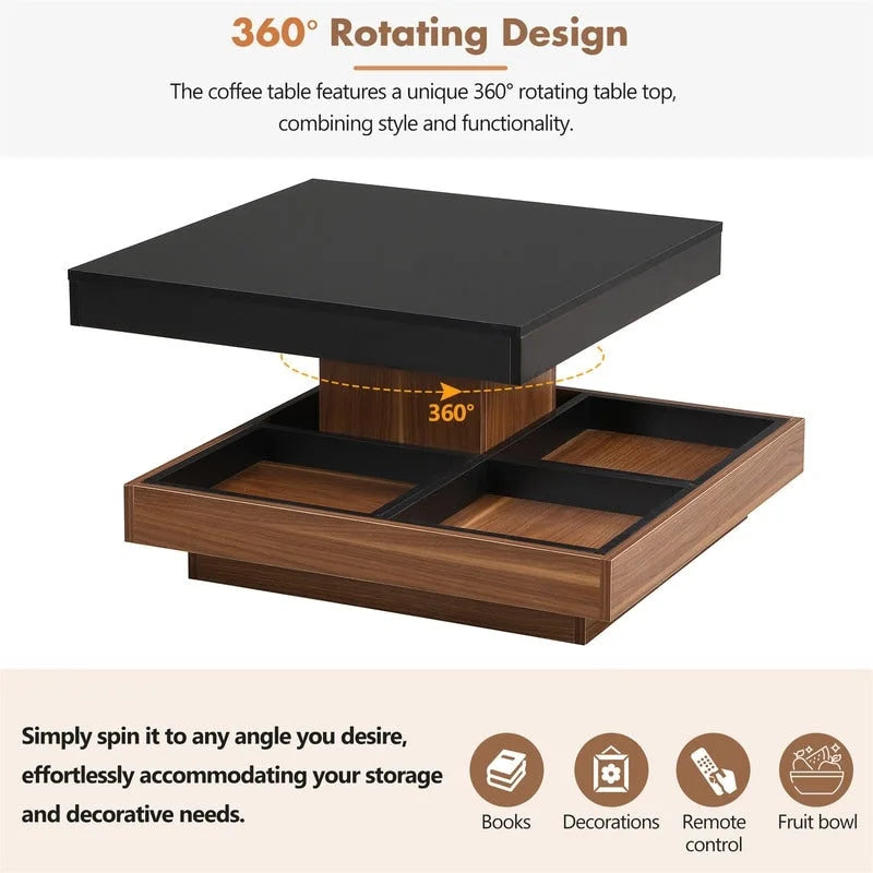 Table basse rotative 360° moderne avec 3 plateaux détachables, table basse à 2 niveaux avec rangement pour salon