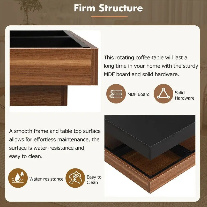 Table basse rotative 360° moderne avec 3 plateaux détachables, table basse à 2 niveaux avec rangement pour salon