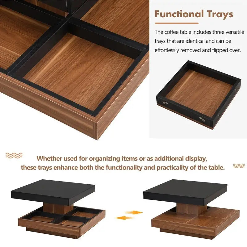Table basse rotative 360° moderne avec 3 plateaux détachables, table basse à 2 niveaux avec rangement pour salon