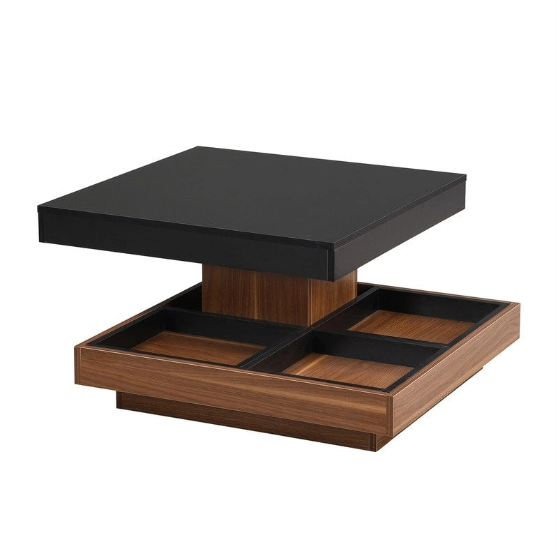 Table basse rotative 360° moderne avec 3 plateaux détachables, table basse à 2 niveaux avec rangement pour salon
