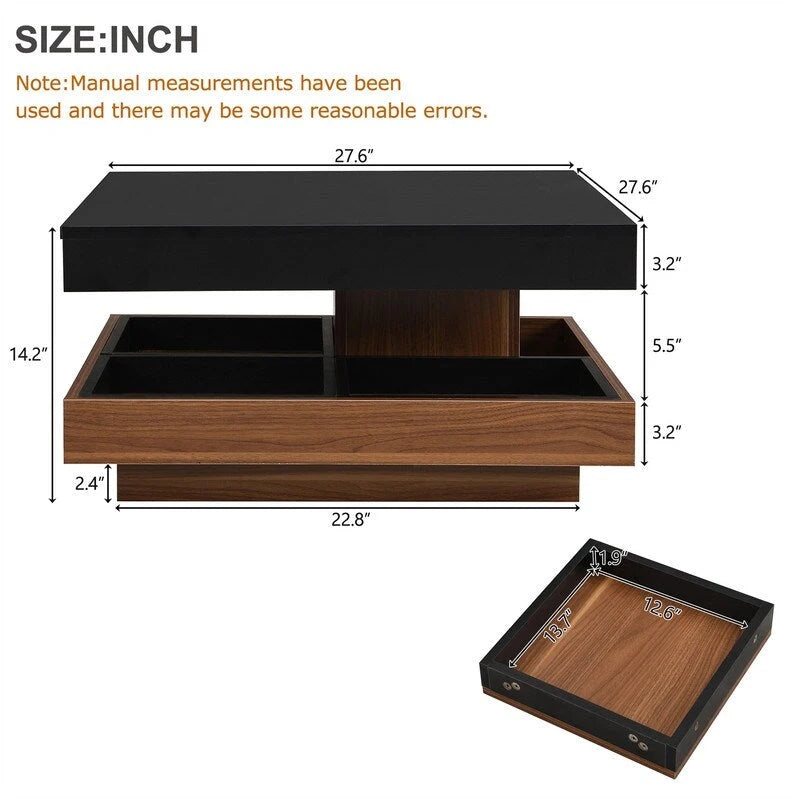 Table basse rotative 360° moderne avec 3 plateaux détachables, table basse à 2 niveaux avec rangement pour salon