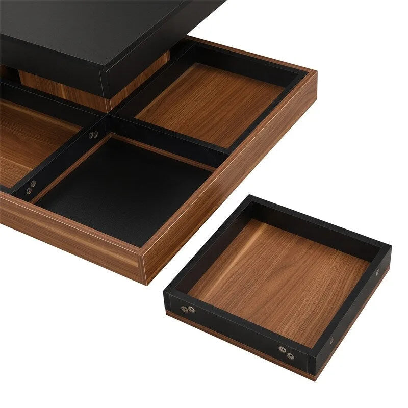 Table basse rotative 360° moderne avec 3 plateaux détachables, table basse à 2 niveaux avec rangement pour salon