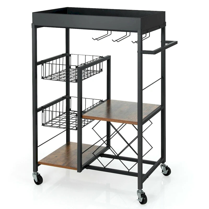 Gymax Chariot de Bar de Cuisine Roulant à 4 Niveaux avec Porte-Bouteilles – Voir Détails