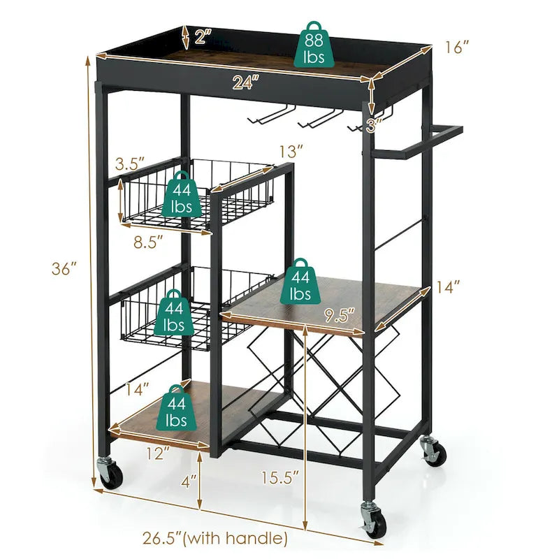Gymax Chariot de Bar de Cuisine Roulant à 4 Niveaux avec Porte-Bouteilles – Voir Détails