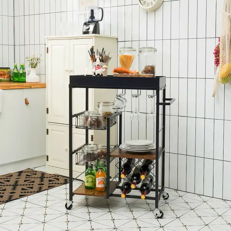 Gymax Chariot de Bar de Cuisine Roulant à 4 Niveaux avec Porte-Bouteilles – Voir Détails