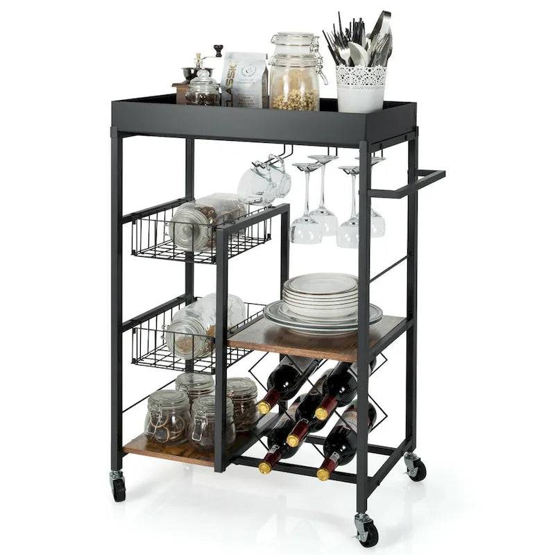 Gymax Chariot de Bar de Cuisine Roulant à 4 Niveaux avec Porte-Bouteilles – Voir Détails