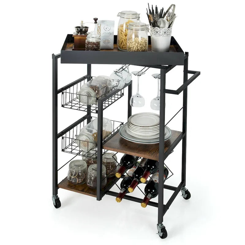 Gymax Chariot de Bar de Cuisine Roulant à 4 Niveaux avec Porte-Bouteilles – Voir Détails