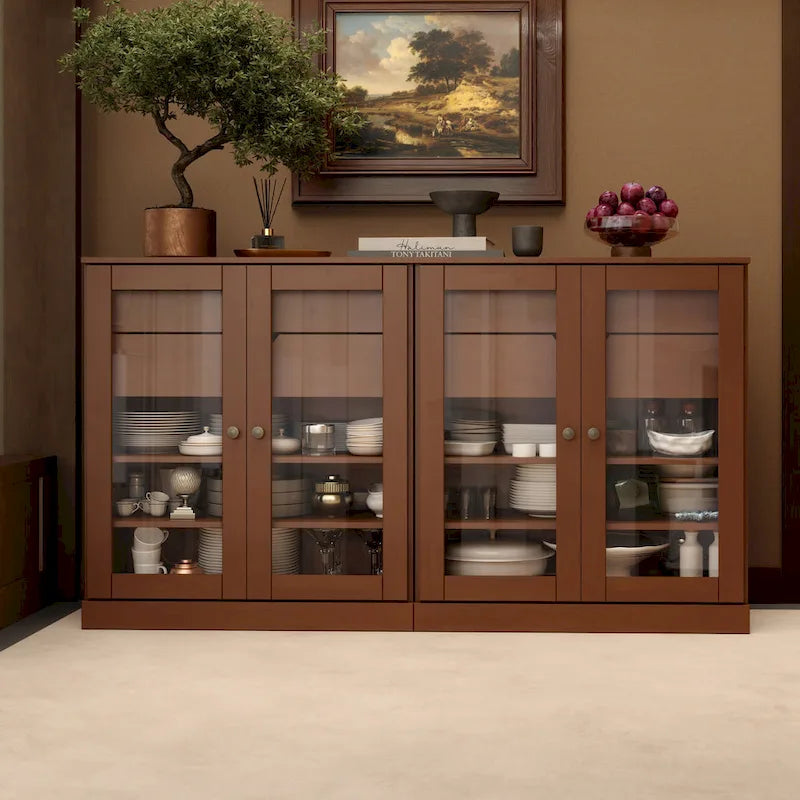 Buffet en bois massif Palace Imports 100 % avec portes en verre transparent, 4 tiroirs et étagères réglables