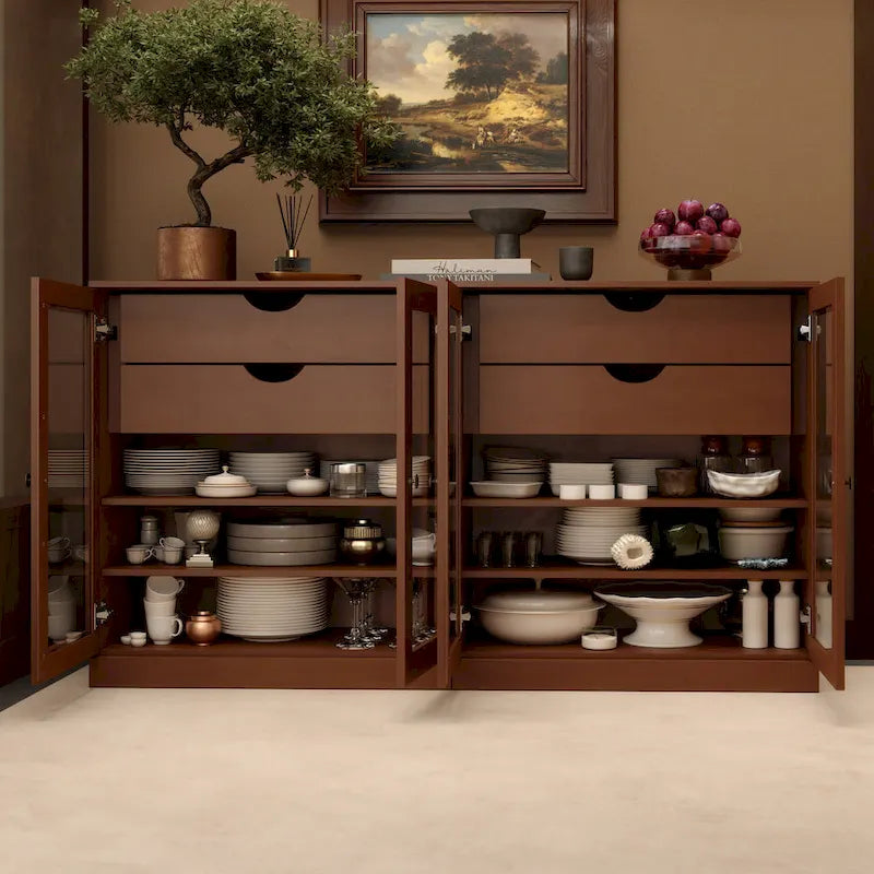 Buffet en bois massif Palace Imports 100 % avec portes en verre transparent, 4 tiroirs et étagères réglables