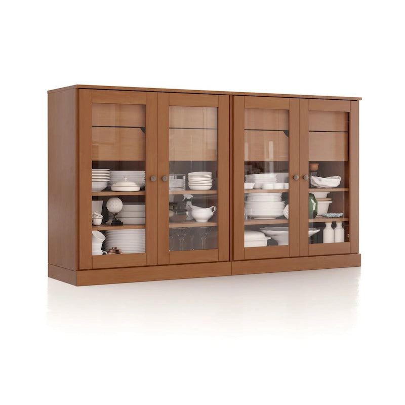 Buffet en bois massif Palace Imports 100 % avec portes en verre transparent, 4 tiroirs et étagères réglables