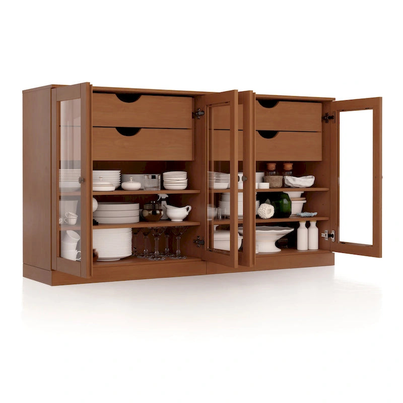Buffet en bois massif Palace Imports 100 % avec portes en verre transparent, 4 tiroirs et étagères réglables