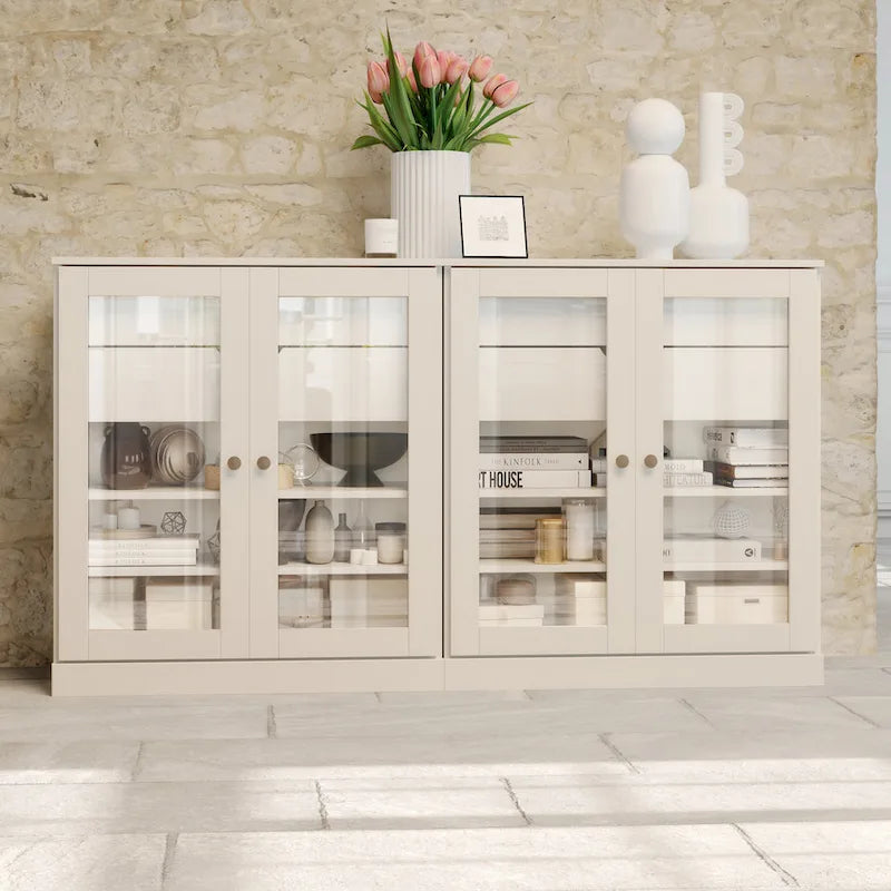 Buffet en bois massif Palace Imports 100 % avec portes en verre transparent, 4 tiroirs et étagères réglables