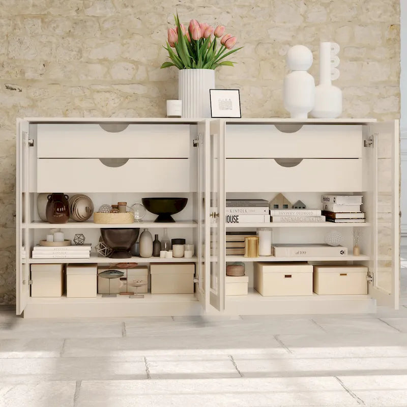 Buffet en bois massif Palace Imports 100 % avec portes en verre transparent, 4 tiroirs et étagères réglables