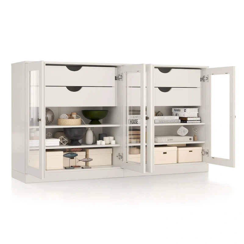 Buffet en bois massif Palace Imports 100 % avec portes en verre transparent, 4 tiroirs et étagères réglables