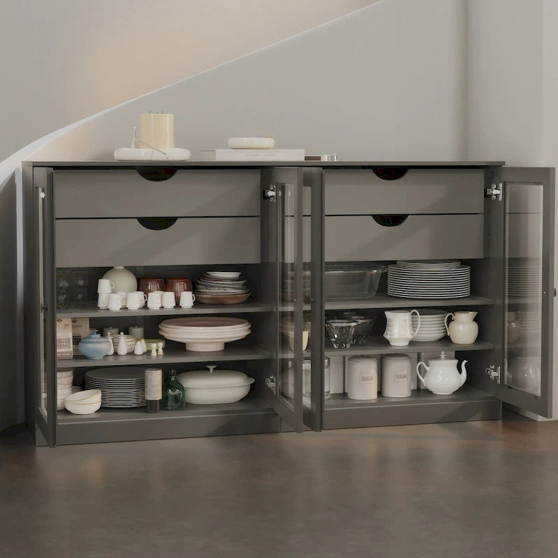 Buffet en bois massif Palace Imports 100 % avec portes en verre transparent, 4 tiroirs et étagères réglables