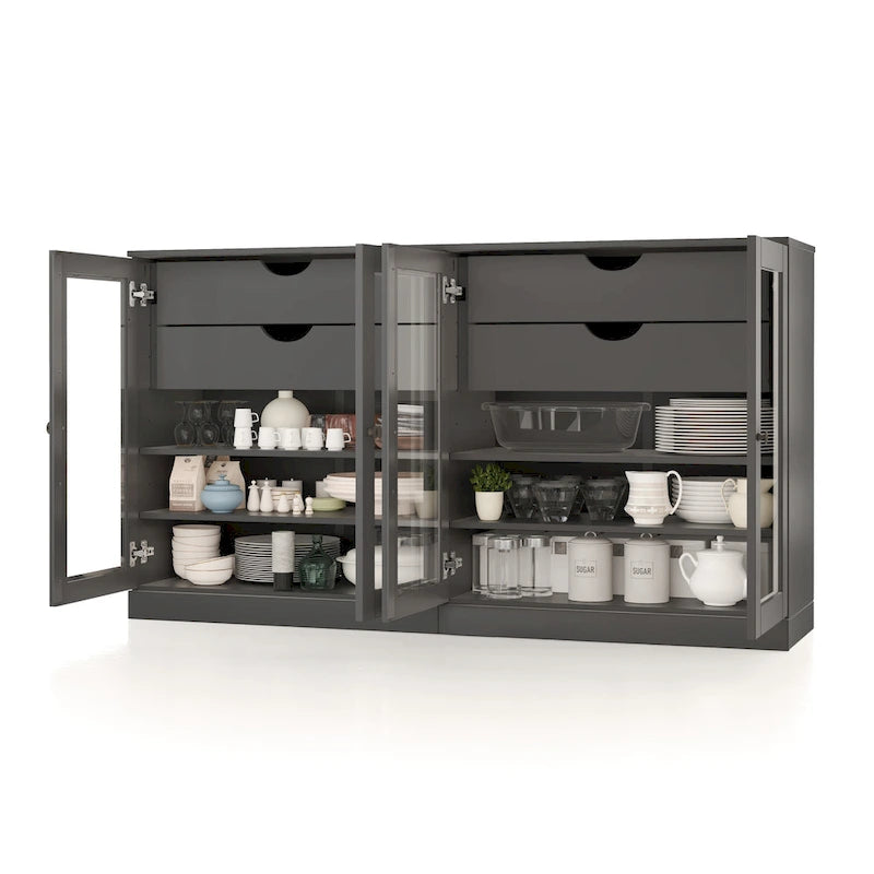 Buffet en bois massif Palace Imports 100 % avec portes en verre transparent, 4 tiroirs et étagères réglables