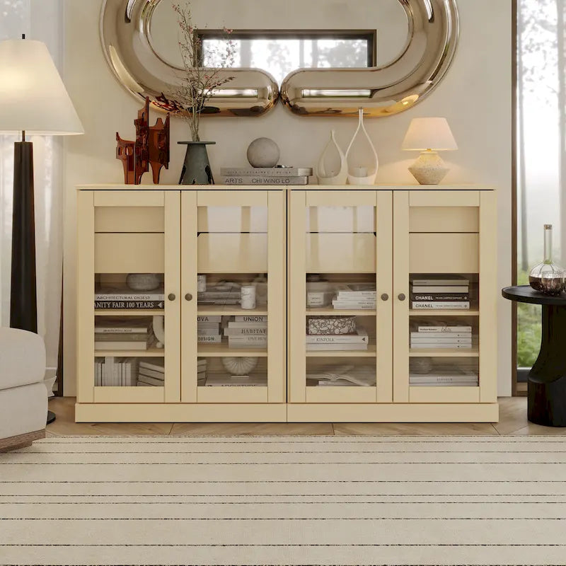 Buffet en bois massif Palace Imports 100 % avec portes en verre transparent, 4 tiroirs et étagères réglables