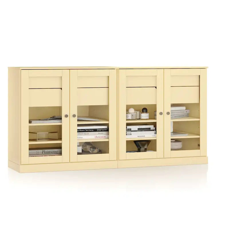 Buffet en bois massif Palace Imports 100 % avec portes en verre transparent, 4 tiroirs et étagères réglables