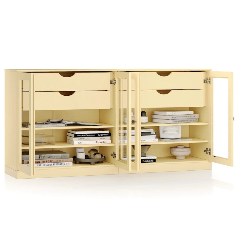 Buffet en bois massif Palace Imports 100 % avec portes en verre transparent, 4 tiroirs et étagères réglables