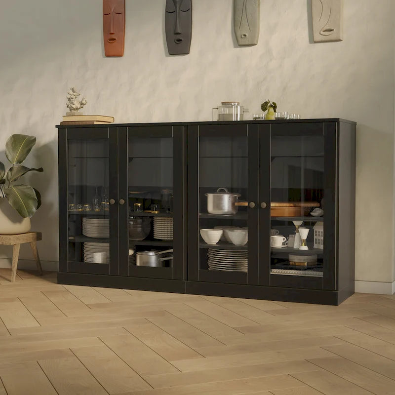 Buffet en bois massif Palace Imports 100 % avec portes en verre transparent, 4 tiroirs et étagères réglables
