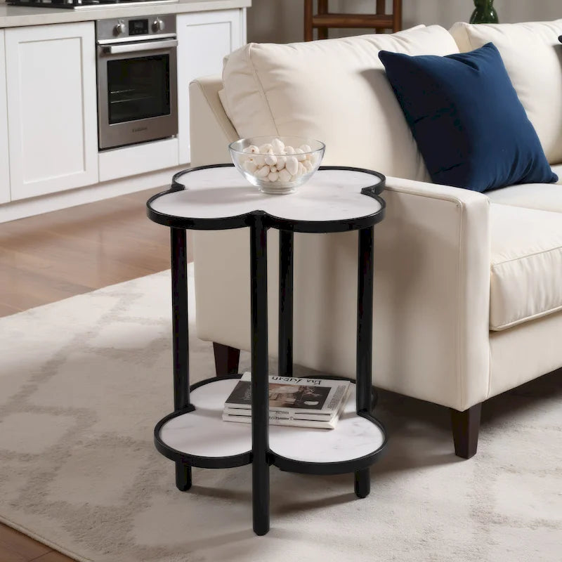 Table d'appoint Chloé, plateau en marbre véritable blanc en forme de trèfle avec cadre en fer noir