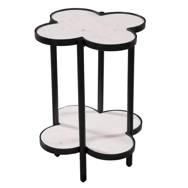 Table d'appoint Chloé, plateau en marbre véritable blanc en forme de trèfle avec cadre en fer noir