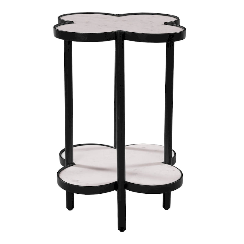Table d'appoint Chloé, plateau en marbre véritable blanc en forme de trèfle avec cadre en fer noir