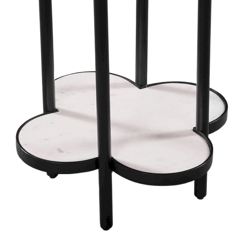 Table d'appoint Chloé, plateau en marbre véritable blanc en forme de trèfle avec cadre en fer noir