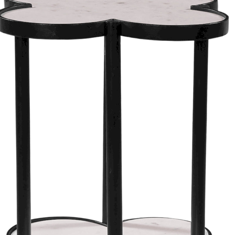 Table d'appoint Chloé, plateau en marbre véritable blanc en forme de trèfle avec cadre en fer noir