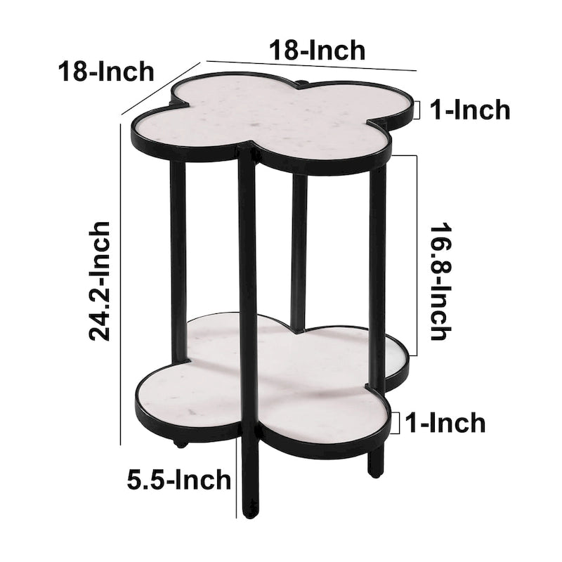 Table d'appoint Chloé, plateau en marbre véritable blanc en forme de trèfle avec cadre en fer noir