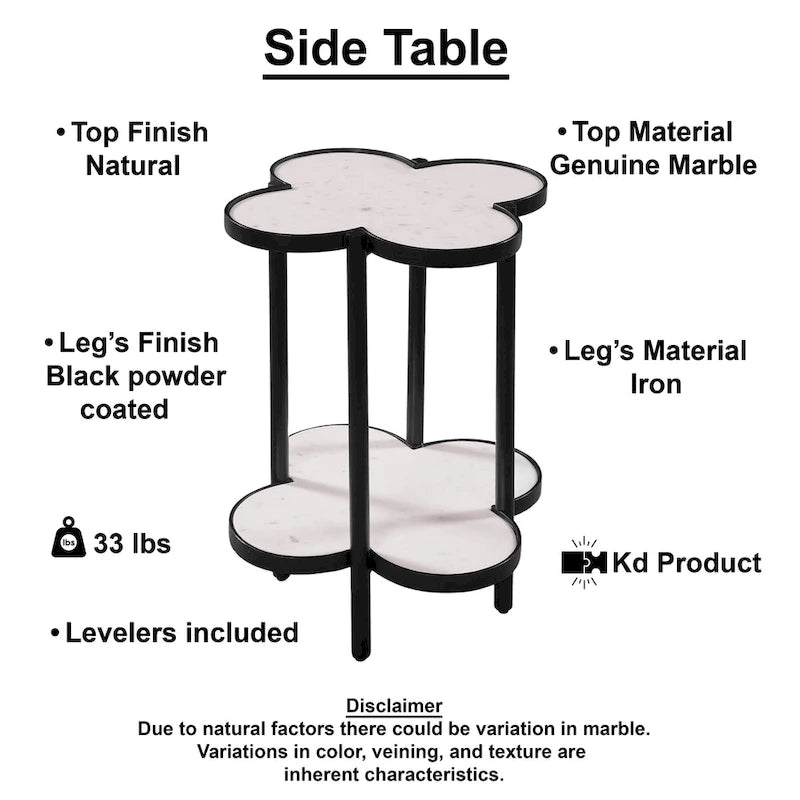 Table d'appoint Chloé, plateau en marbre véritable blanc en forme de trèfle avec cadre en fer noir