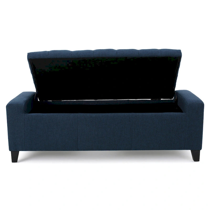 Banc Ottoman de Rangement, 51 Pouces, Tissu Bleu Foncé Capitonnage Bouton Profond