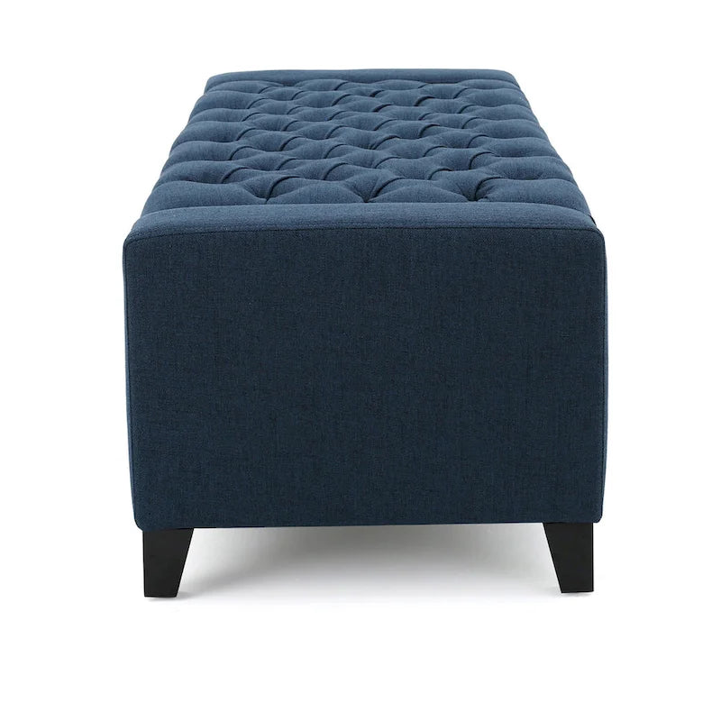 Banc Ottoman de Rangement, 51 Pouces, Tissu Bleu Foncé Capitonnage Bouton Profond
