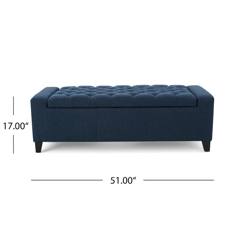 Banc Ottoman de Rangement, 51 Pouces, Tissu Bleu Foncé Capitonnage Bouton Profond