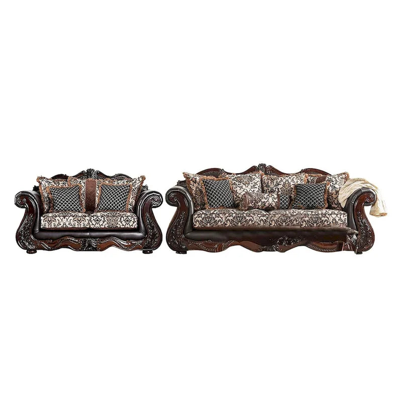 Ammy 2pc Sofa Loveseat Set, Dark Brown Faux Leather, 5 Accent Pillows