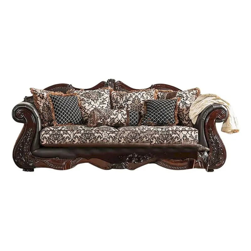 Ensemble causeuse et sofa 2 places Ammy, similicuir marron foncé, 5 coussins décoratifs