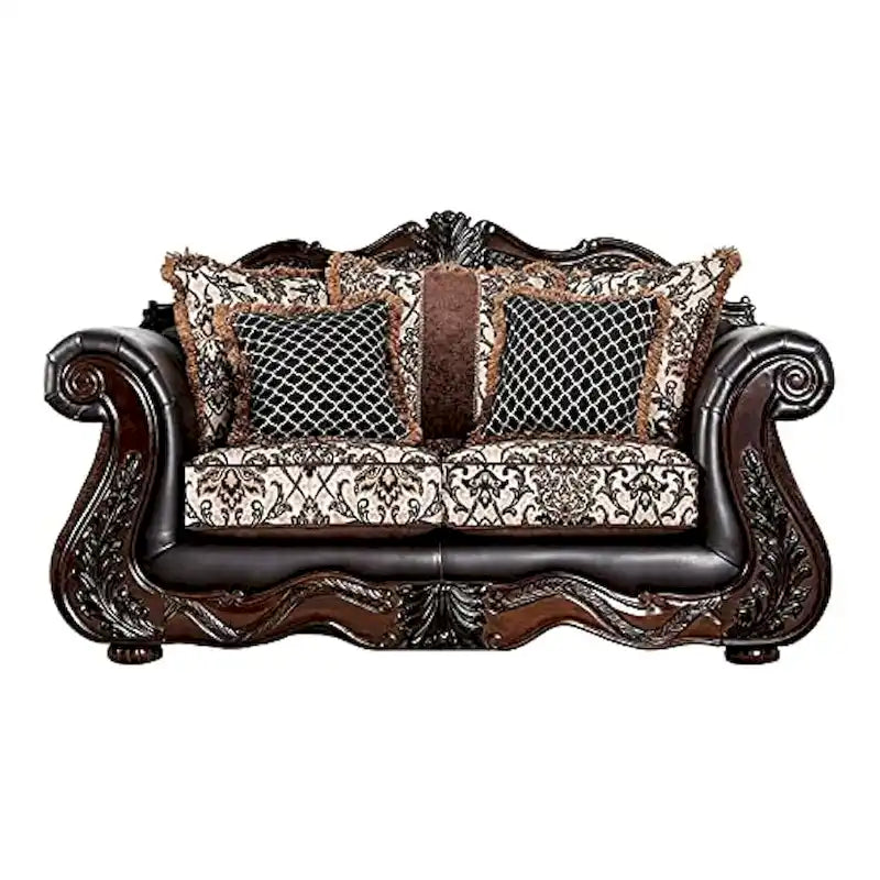 Ensemble causeuse et sofa 2 places Ammy, similicuir marron foncé, 5 coussins décoratifs