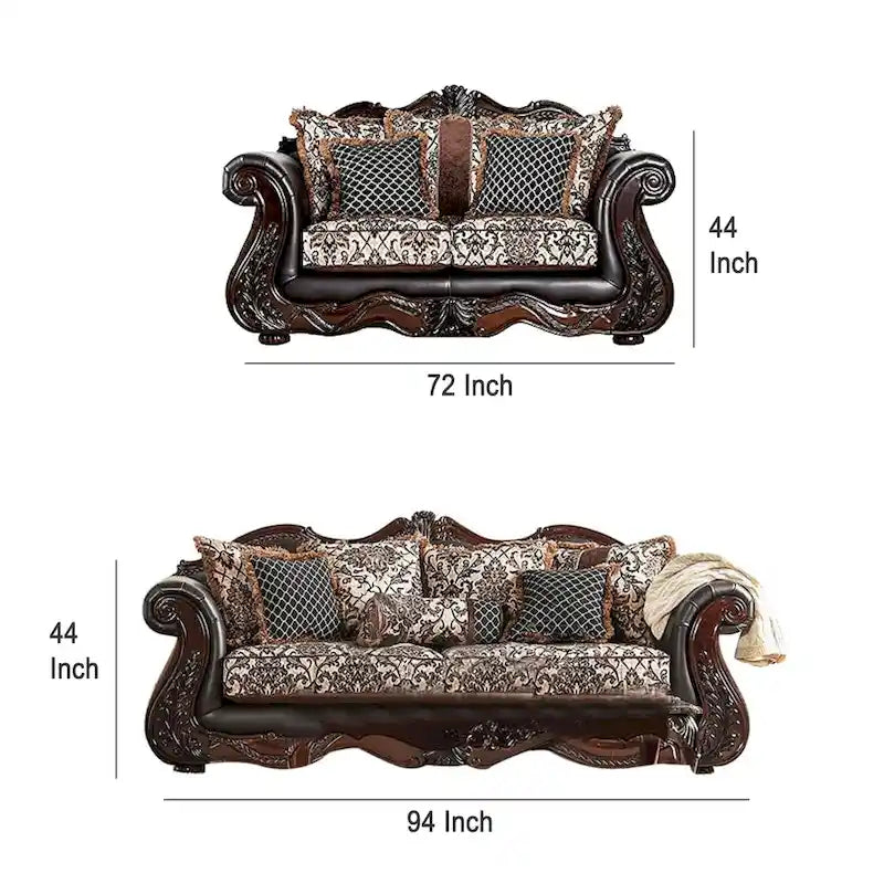 Ensemble causeuse et sofa 2 places Ammy, similicuir marron foncé, 5 coussins décoratifs
