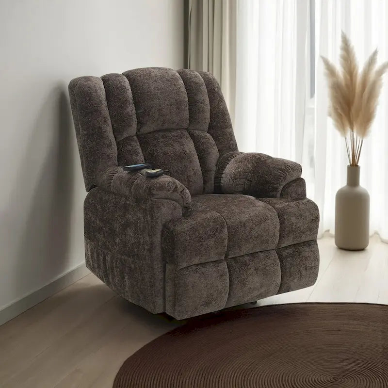 Fauteuil inclinable électrique Cassy avec élévateur, chauffage, massage, velours marron
