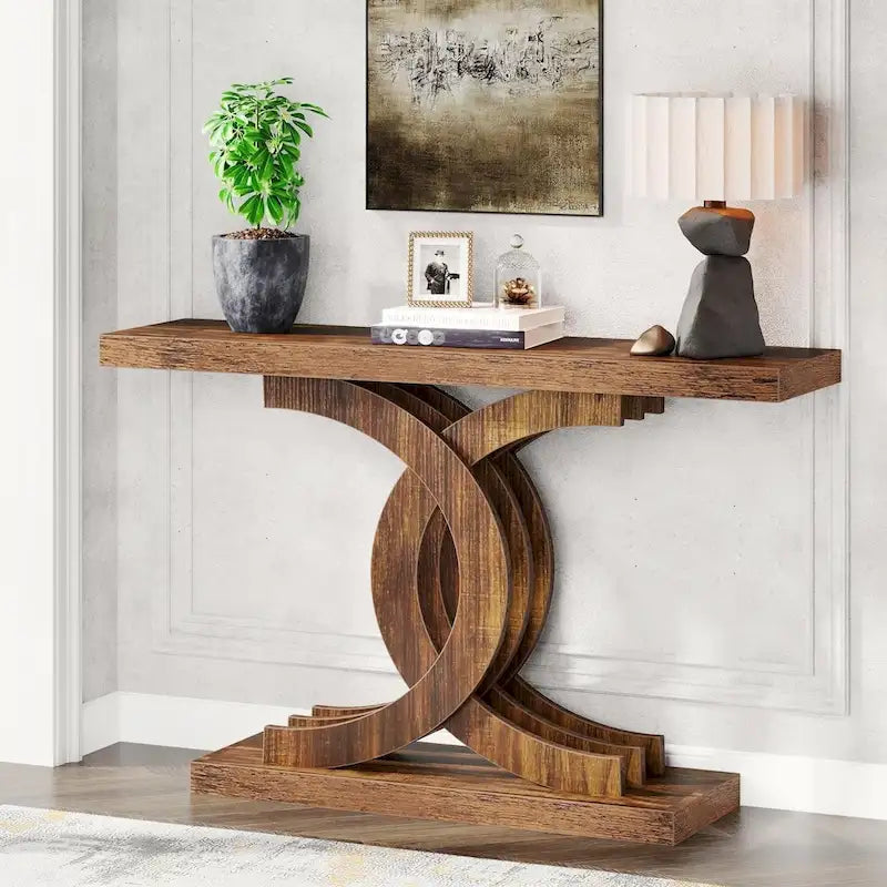Consoles en bois de style ferme avec base géométrique pour entrée